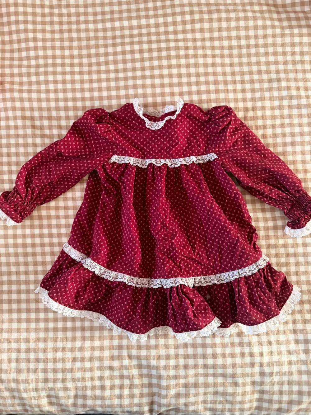 Vintage Handmade Girls' Burgundy Lace-Trimmed Long Sleeve Peasant Dress